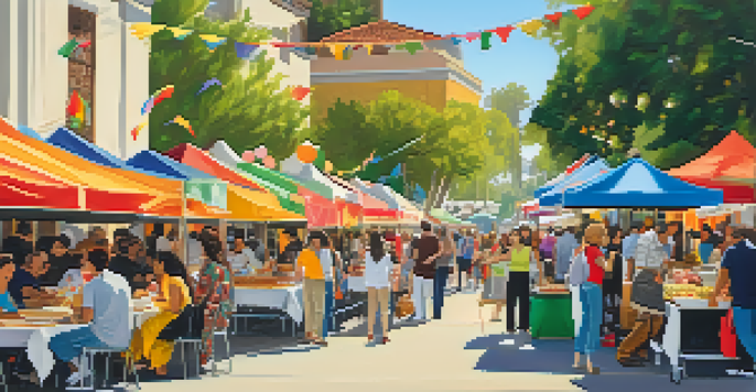 A lively food festival scene in Pasadena, featuring diverse food stalls and families enjoying meals, with musicians performing nearby under a sunny sky.