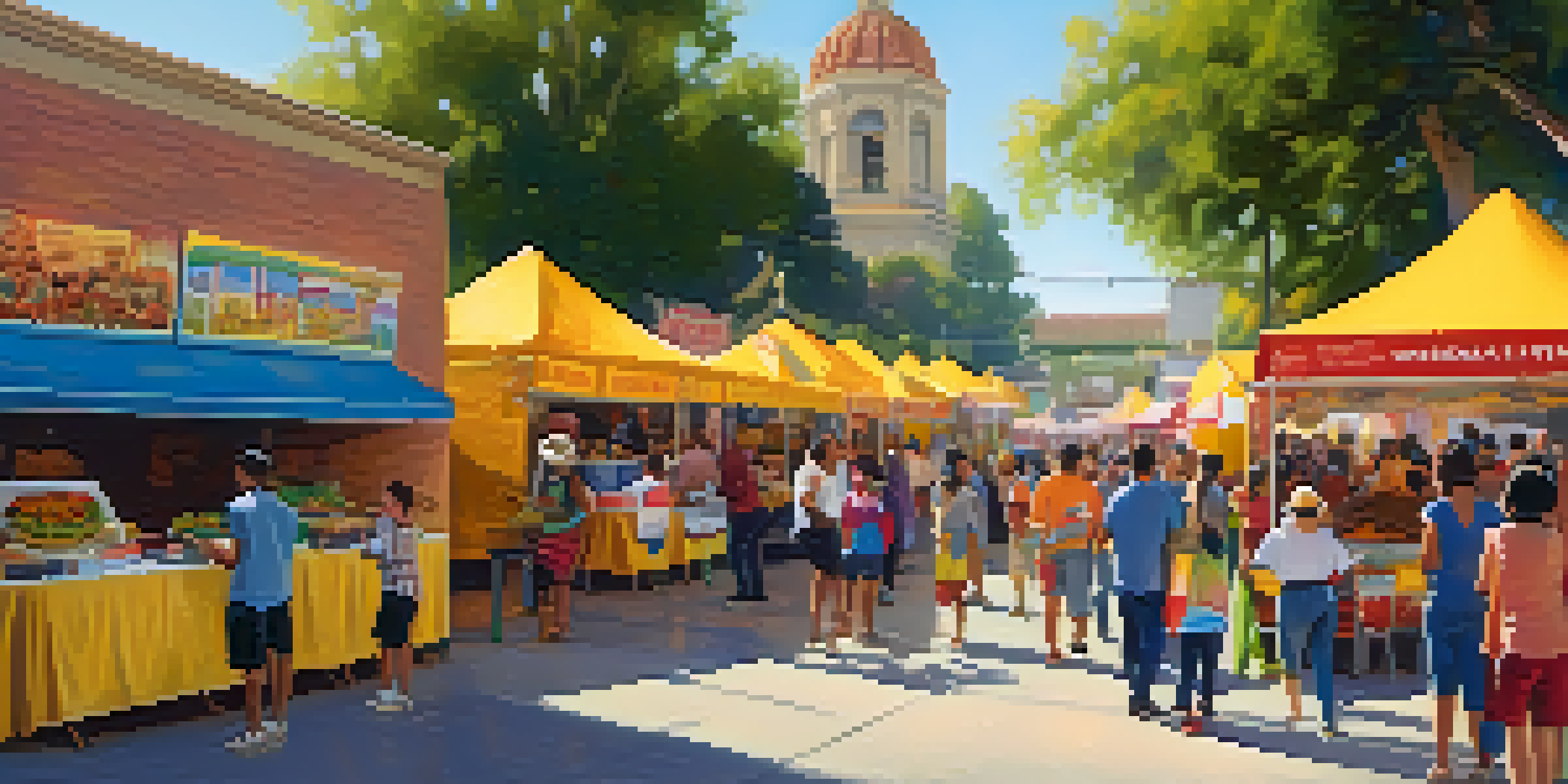 A lively Pasadena heritage festival scene with food stalls, families enjoying street tacos, and colorful cultural banners.