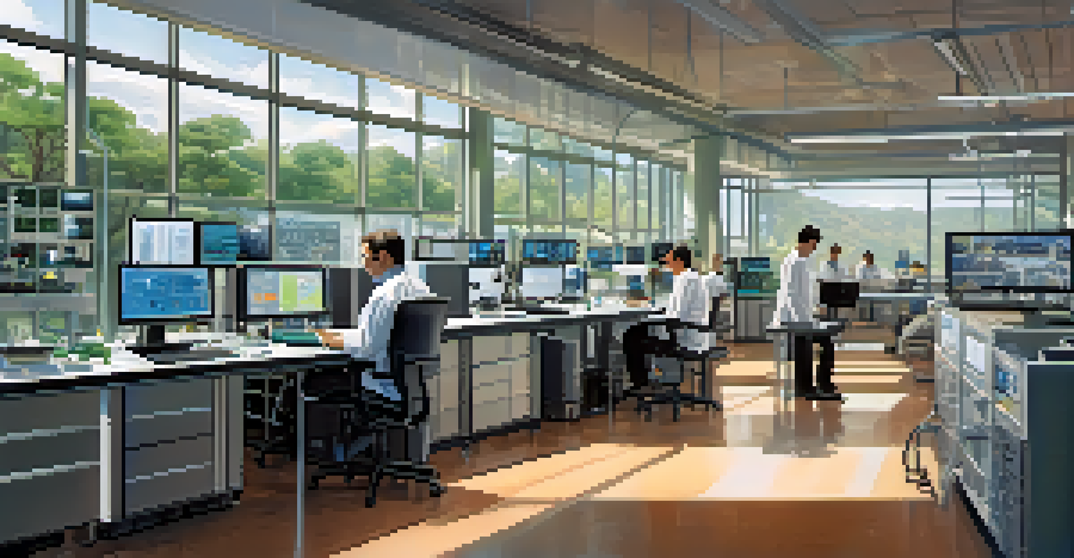 Researchers in a lab at Caltech working on carbon capture technology, surrounded by high-tech equipment and greenery outside.
