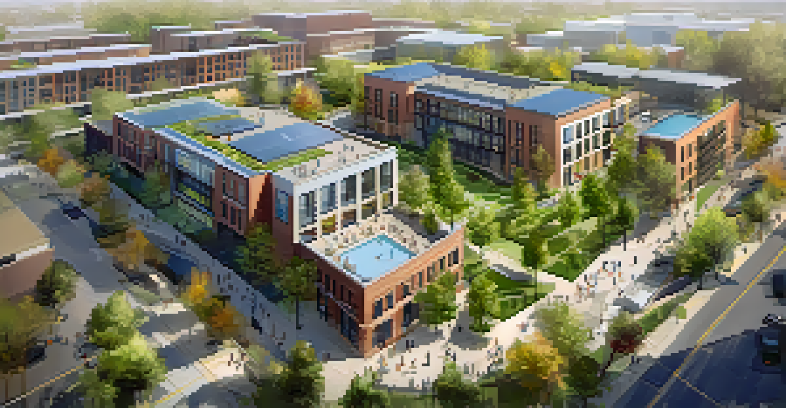 An aerial view of the One Colorado complex in Pasadena, blending historical architecture with green spaces and lively activities.