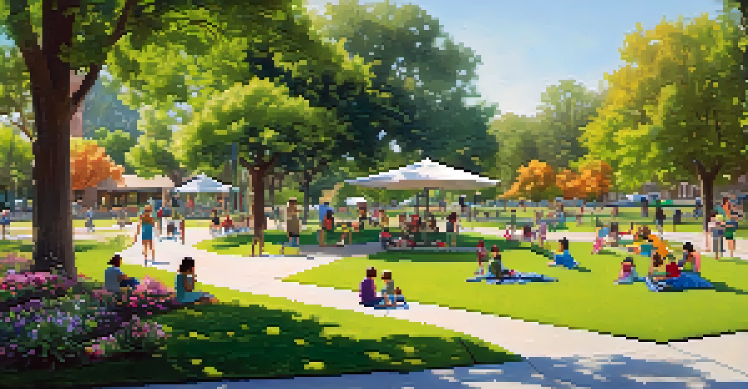 A busy community park in Pasadena with families picnicking and children playing among flowers and trees.