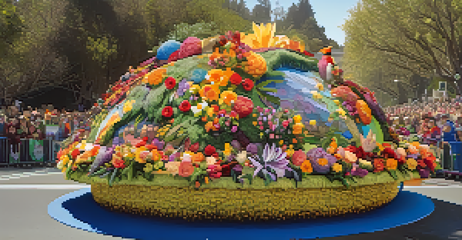 A close-up of an eco-friendly float at the Rose Parade designed with vibrant flowers, showcasing sustainability and nature.