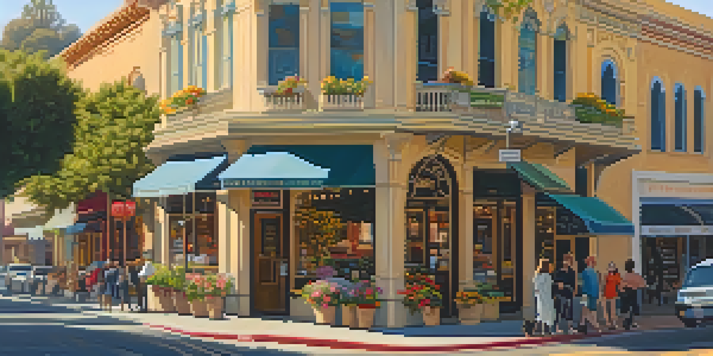 A view of Old Town Pasadena showcasing Victorian and Mission Revival architecture with people walking and colorful flowers.