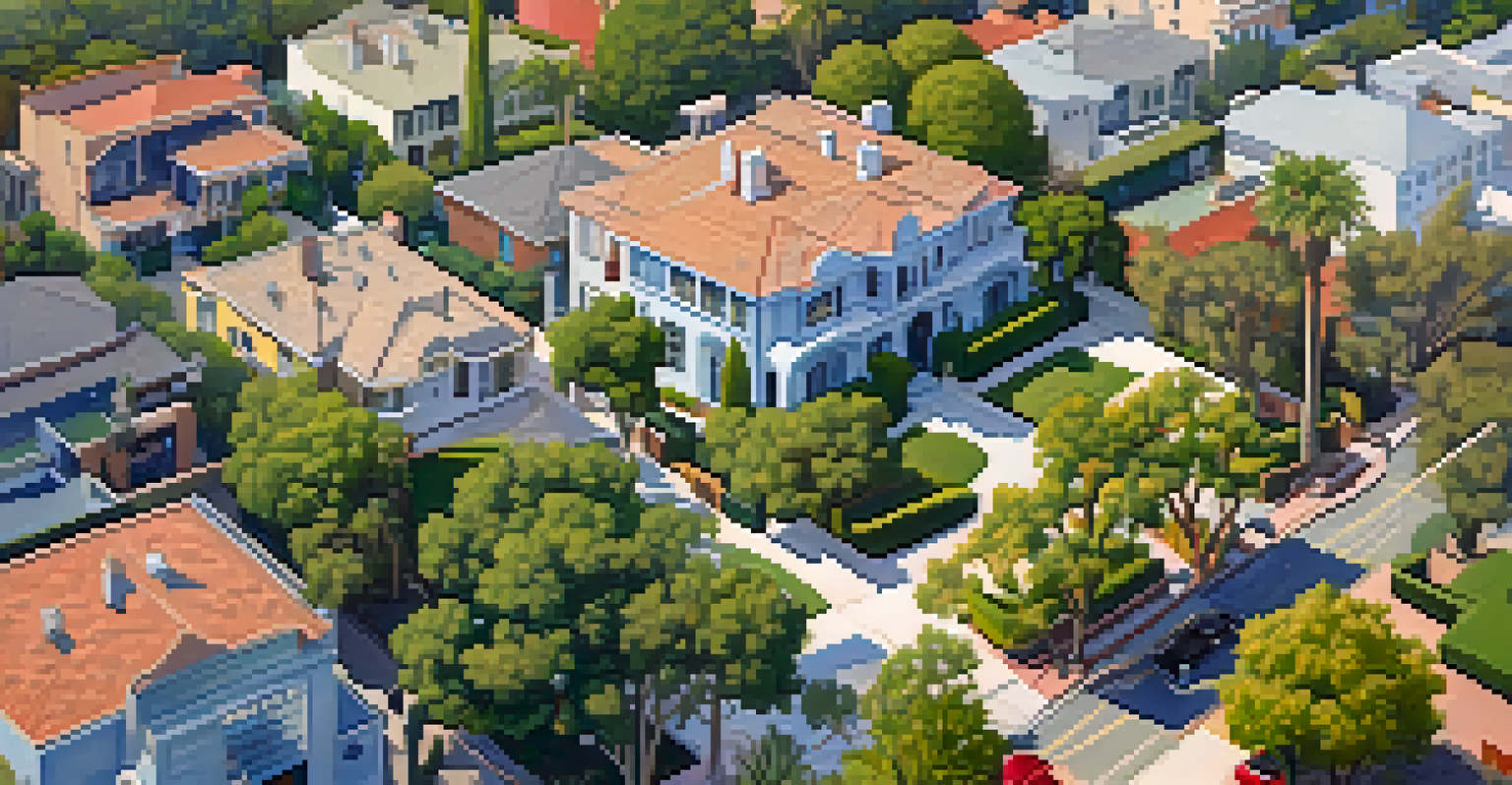 Aerial view of a historic district in Pasadena featuring various architectural styles and tree-lined streets.