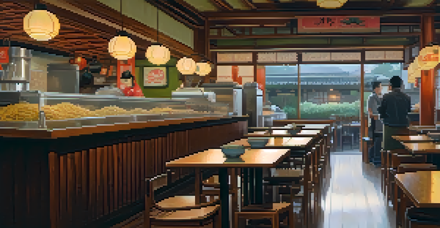 The interior of a cozy Asian noodle shop with a steaming bowl of ramen on a wooden table, traditional decor, and chefs in the background.