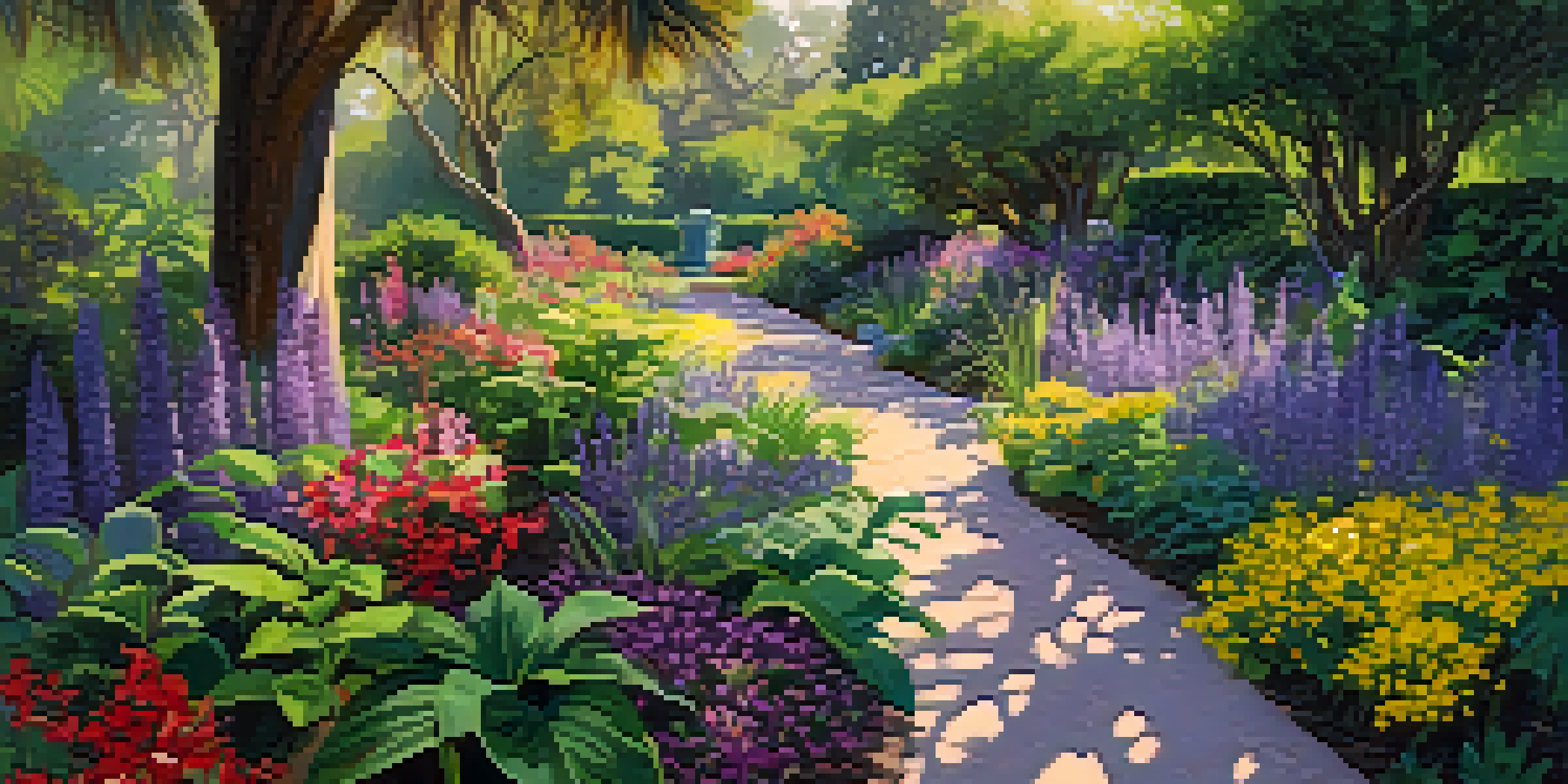 A colorful display of native plants in Pasadena's Botanical Gardens with sunlight filtering through green leaves.