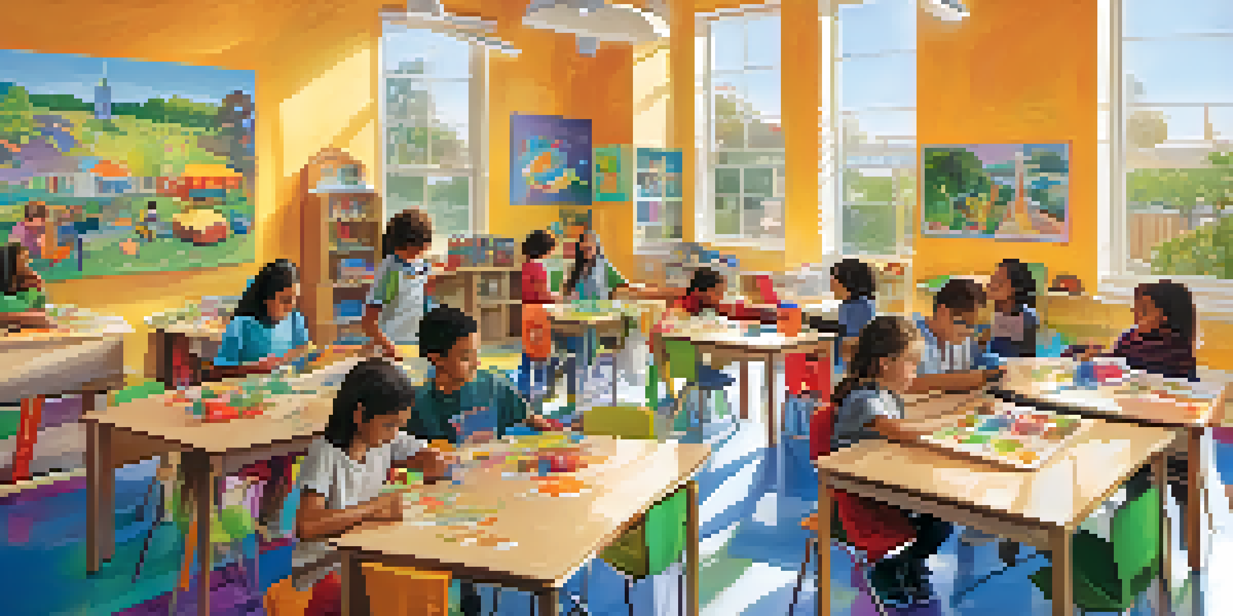 A lively community center with children involved in science experiments and painting, surrounded by colorful decorations and natural light.
