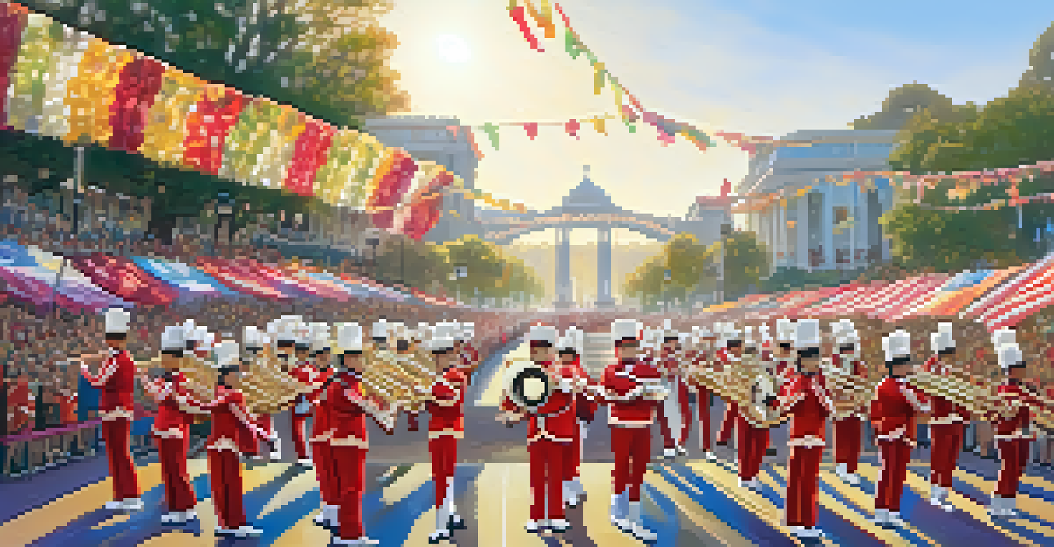 A marching band in colorful uniforms performing with instruments, surrounded by cheering crowds and a decorated float.