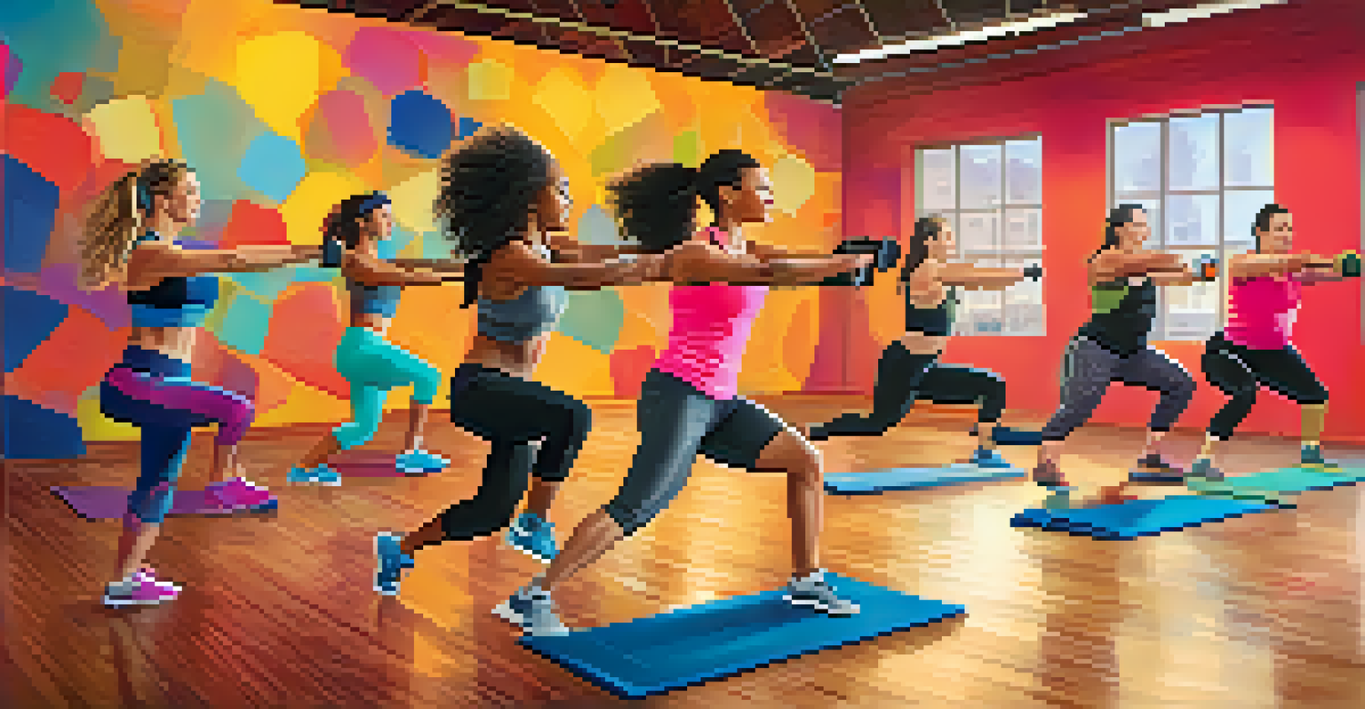 A diverse group of people participating in a high-energy boot camp workout led by an instructor in a colorful indoor gym.