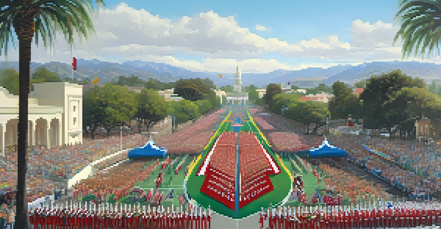A wide-angle view of the Rose Parade featuring marching bands and beautifully decorated horses, set against a backdrop of palm trees and a cheering crowd.