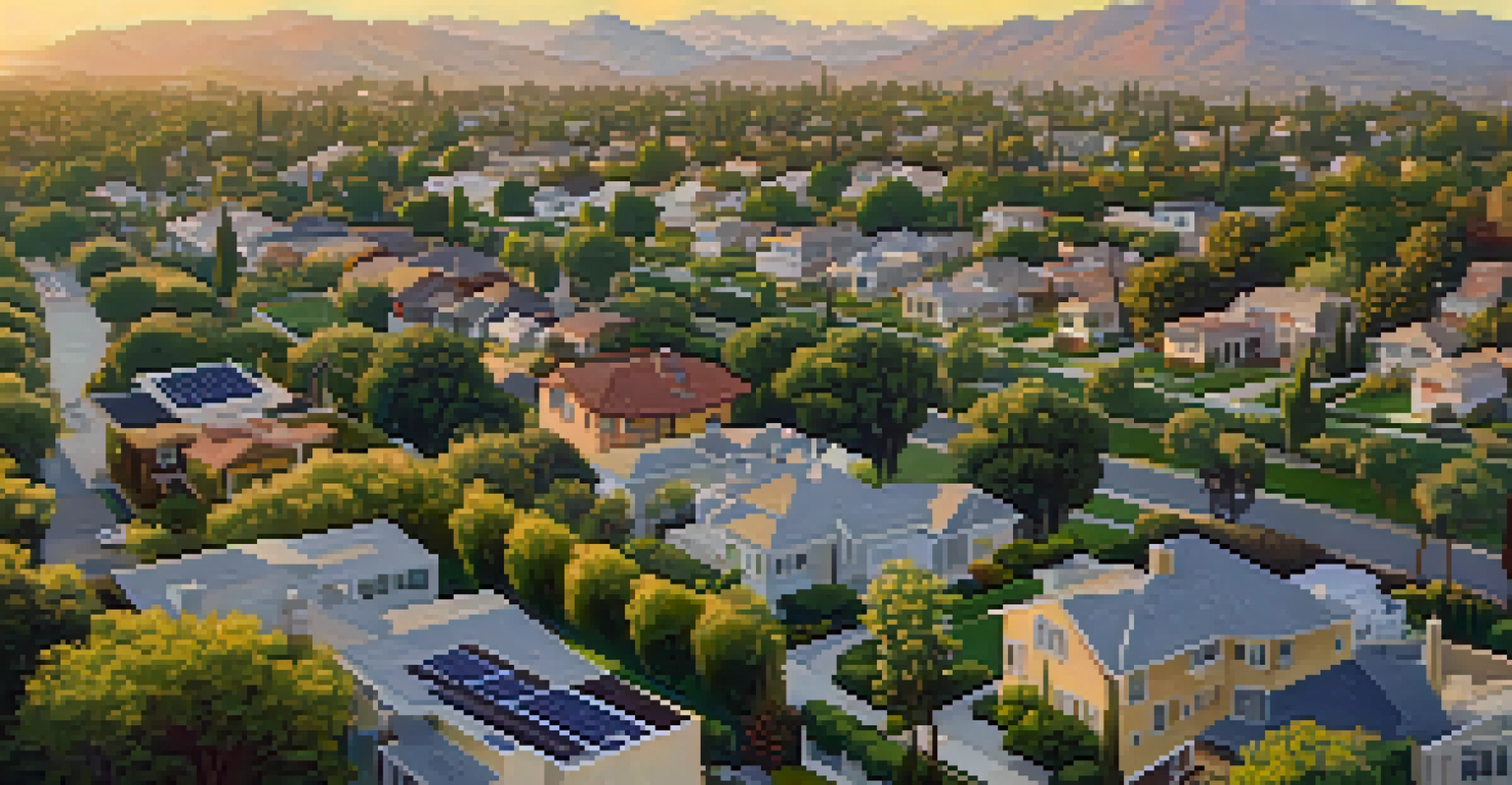 Aerial view of a Pasadena neighborhood showcasing traditional and modern homes with solar panels and green spaces.