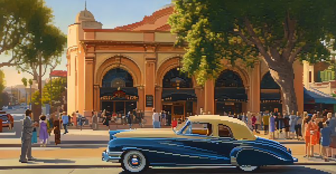 A lively street in Pasadena with the Pasadena Playhouse in the background, warm sunset light, and people dressed in evening attire.