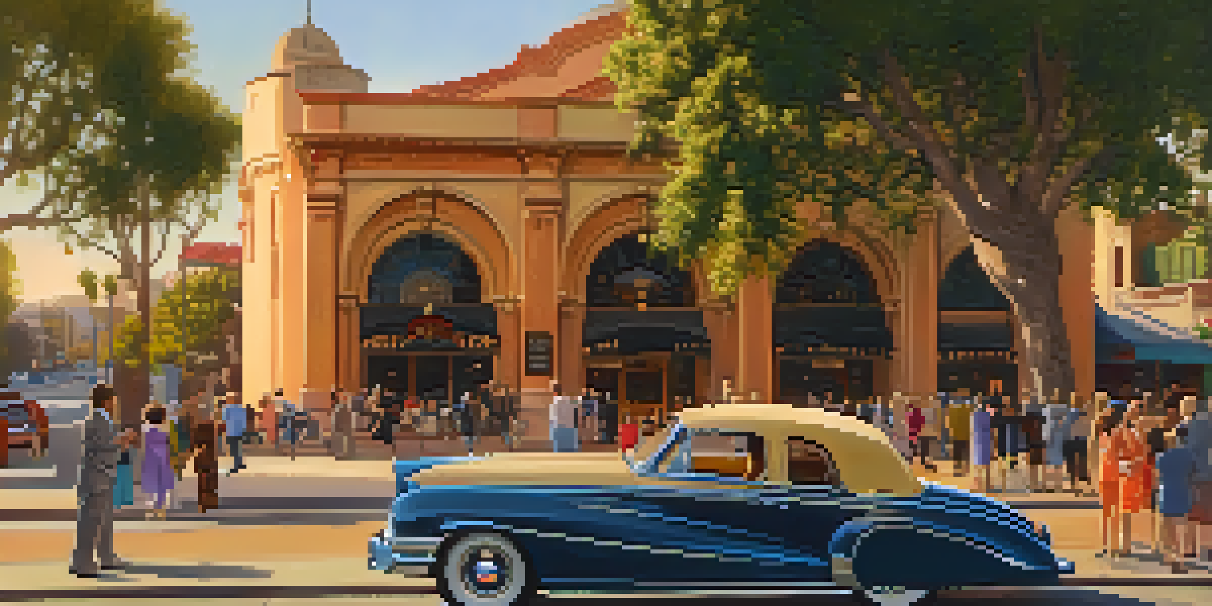 A lively street in Pasadena with the Pasadena Playhouse in the background, warm sunset light, and people dressed in evening attire.