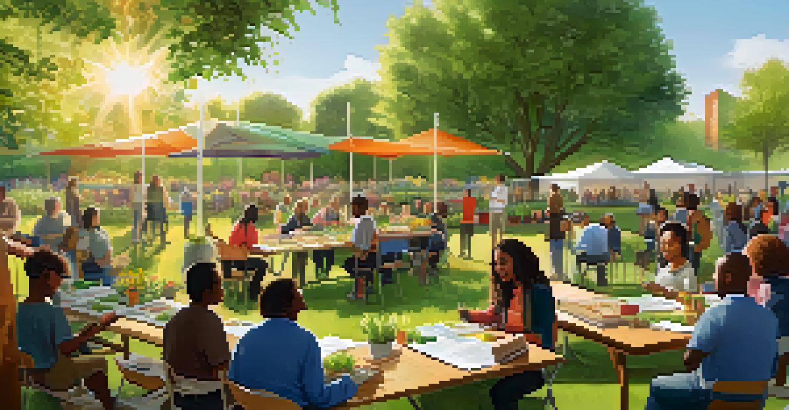 A diverse group of people attending a gardening workshop in a park, surrounded by plants and educational materials.