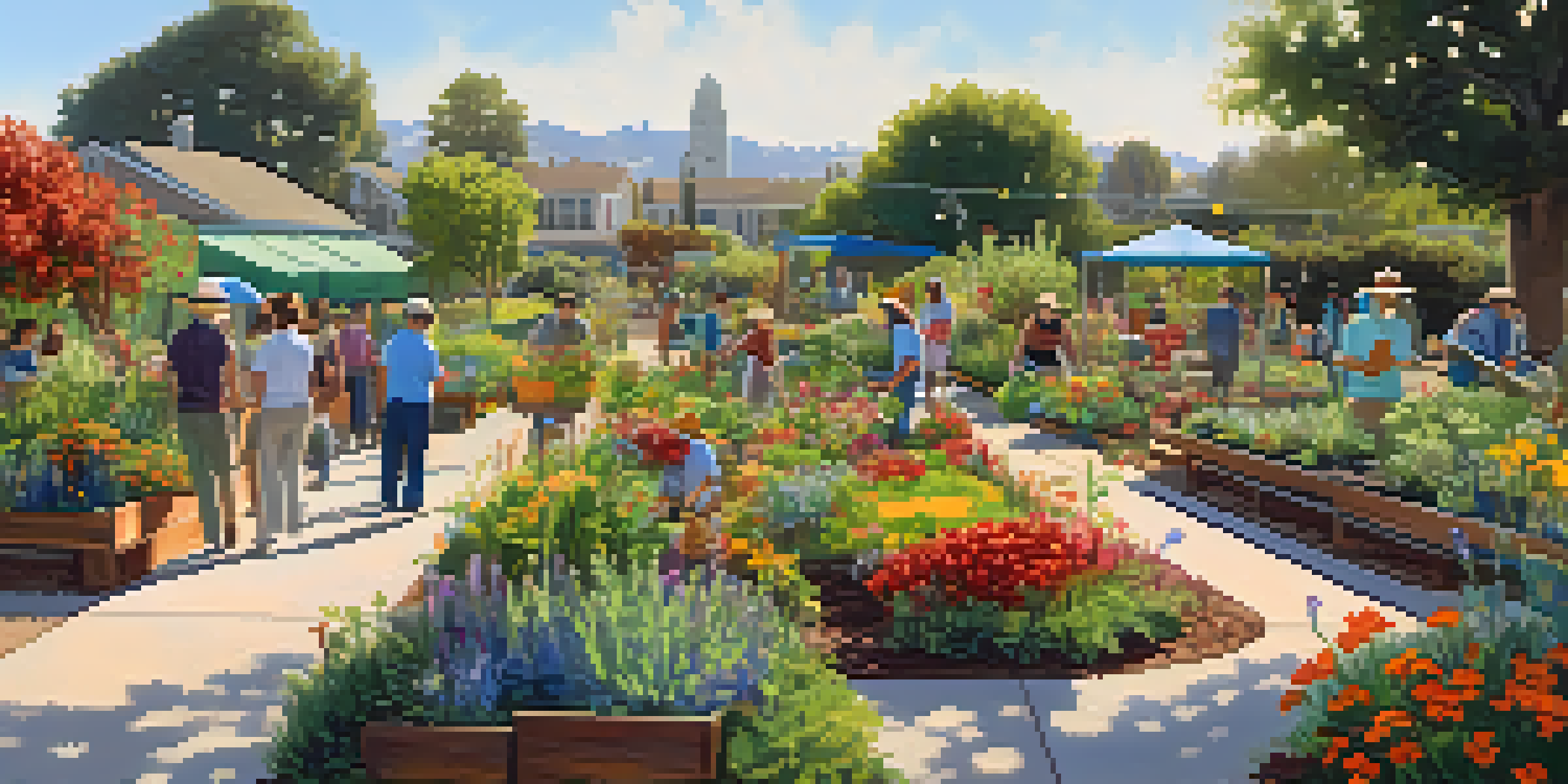 A community garden filled with blooming native plants and residents gardening under a sunny sky.