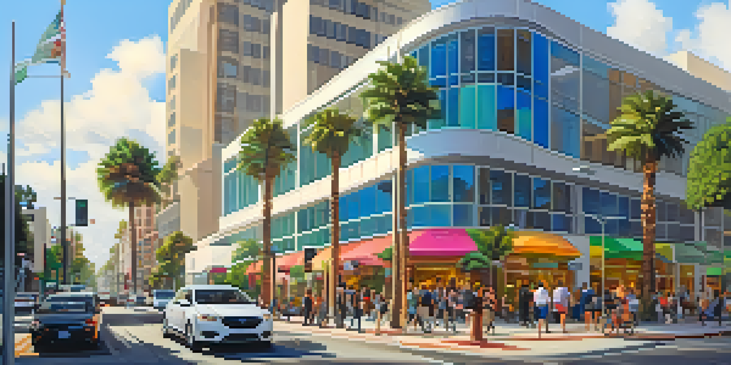 A busy street in Pasadena filled with modern office buildings and people networking, surrounded by palm trees and flowers under a blue sky.