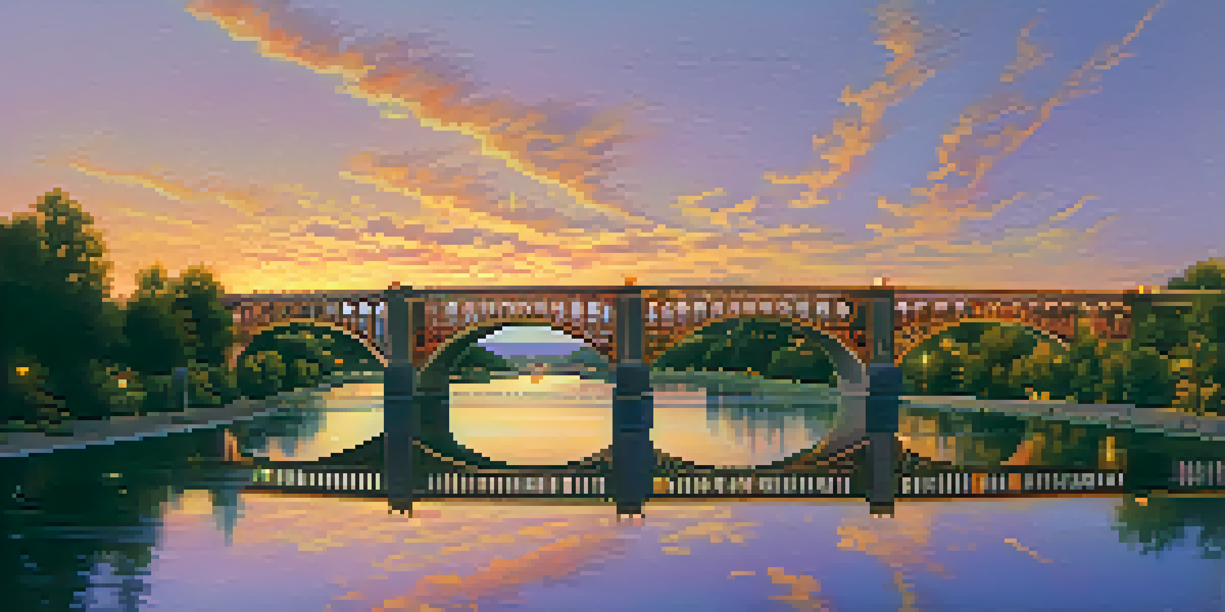 A scenic sunset view of the Colorado Street Bridge with vibrant colors in the sky and lush trees around it.
