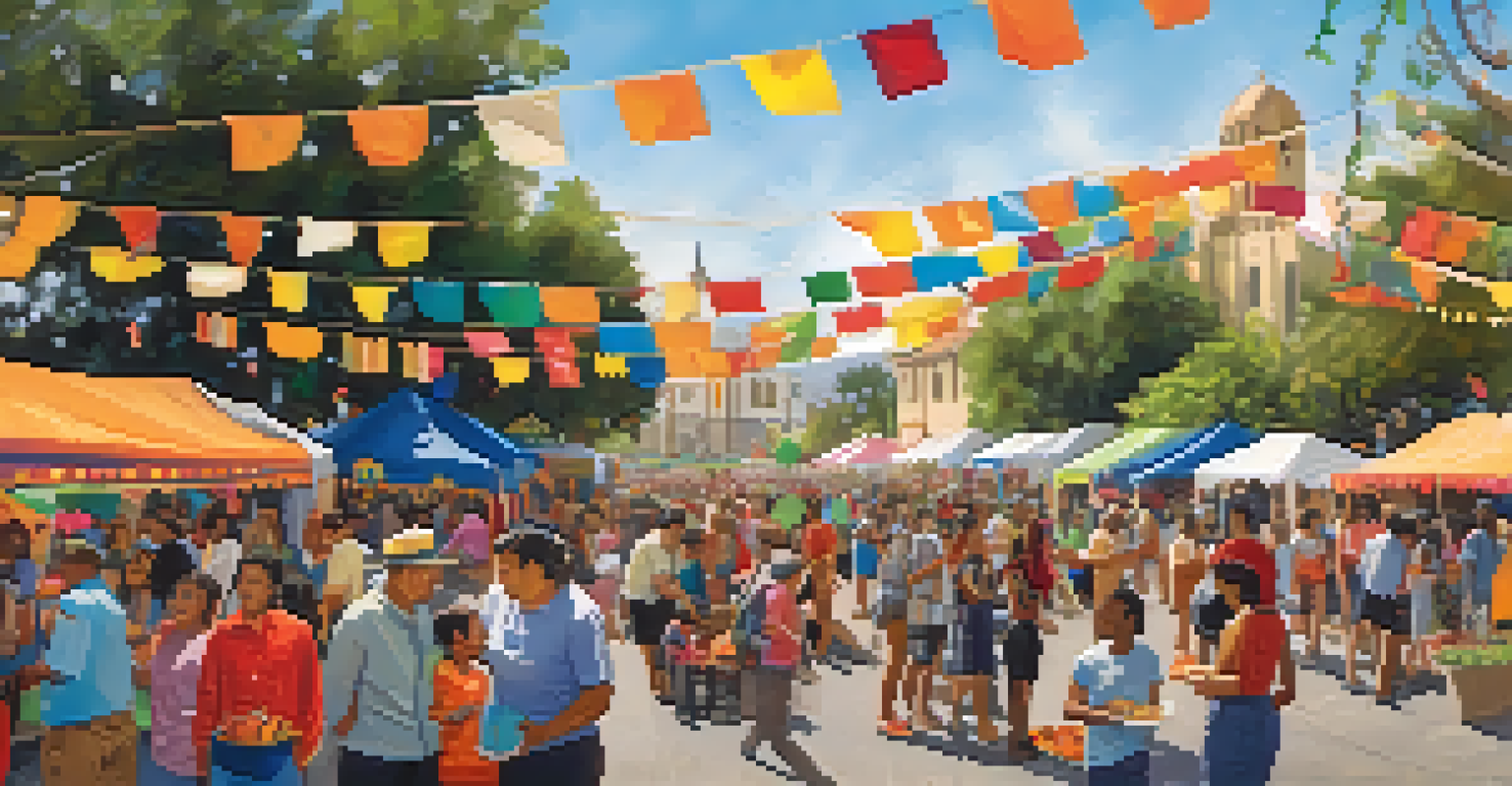 A vibrant community festival outside a Pasadena church, featuring diverse attendees and colorful decorations.