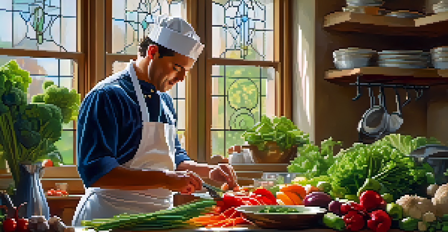 A chef in a kitchen preparing fresh seasonal ingredients with sunlight streaming in.