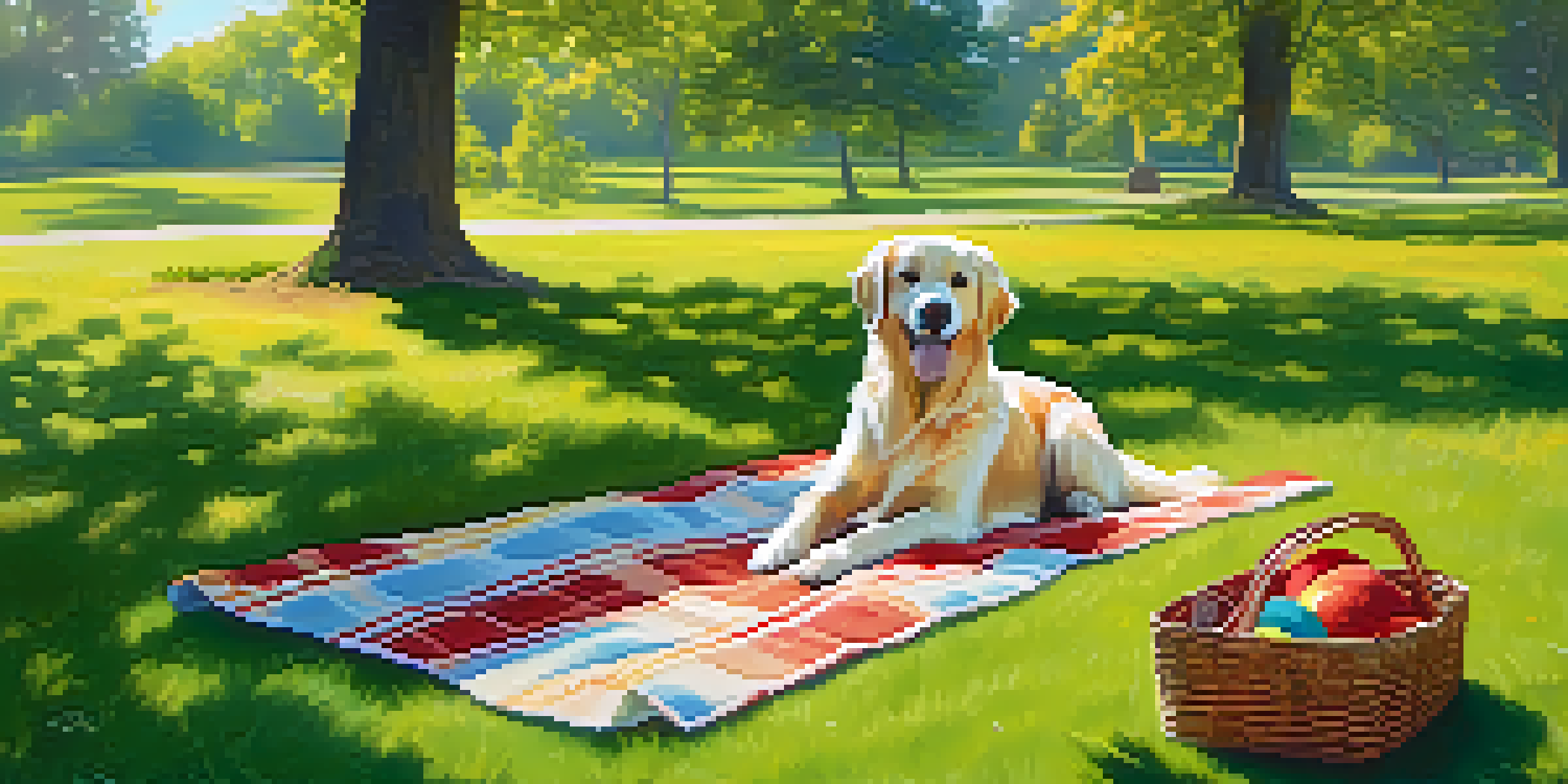 A golden retriever plays fetch in a sunny park, with its owner relaxing on a picnic blanket.