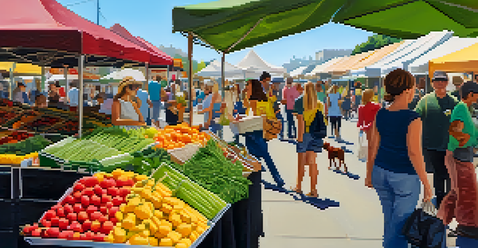 A bustling farmers' market with stalls of fresh fruits and vegetables, families, dogs, and artisans in a sunny atmosphere.