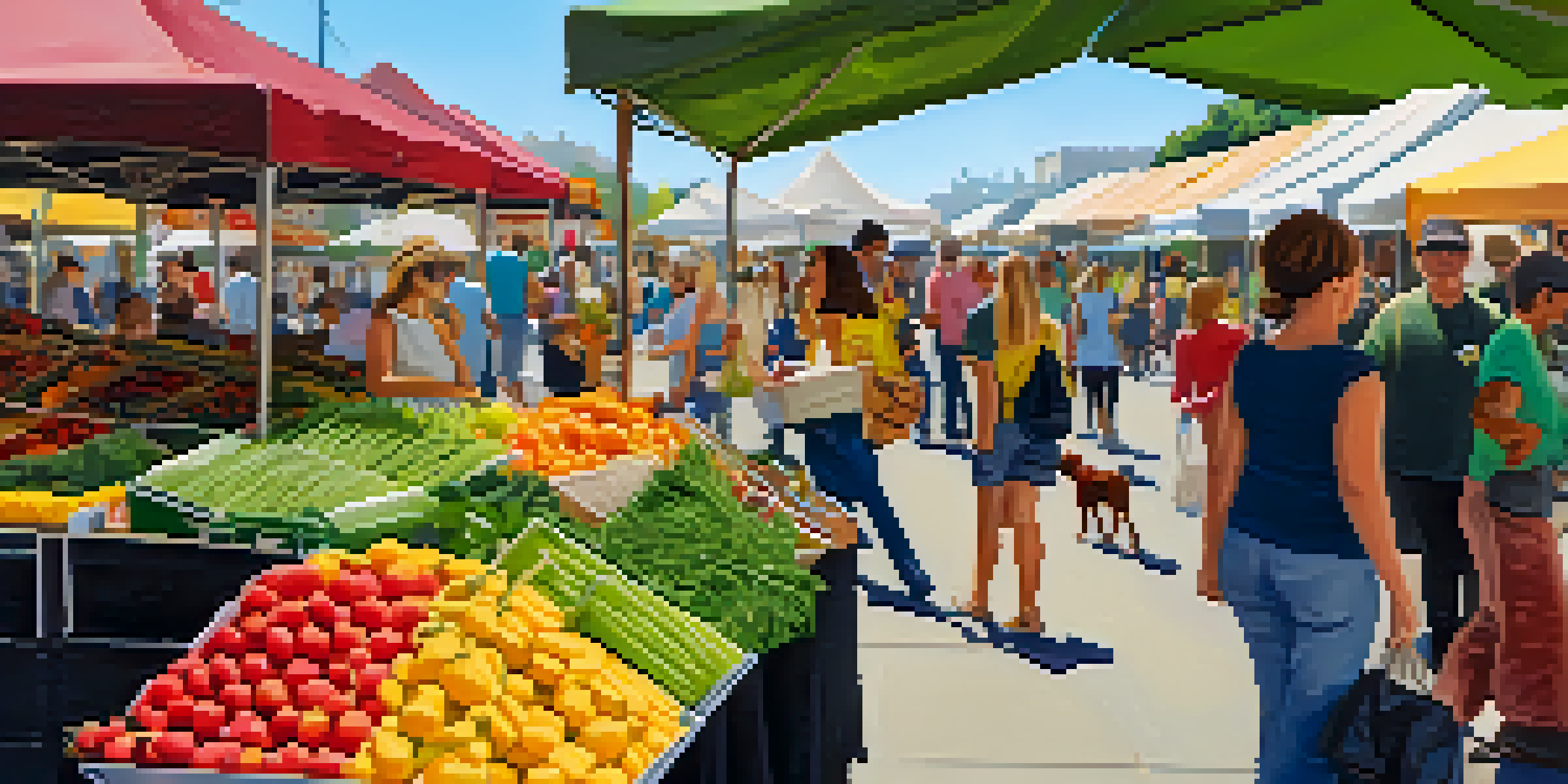 A bustling farmers' market with stalls of fresh fruits and vegetables, families, dogs, and artisans in a sunny atmosphere.