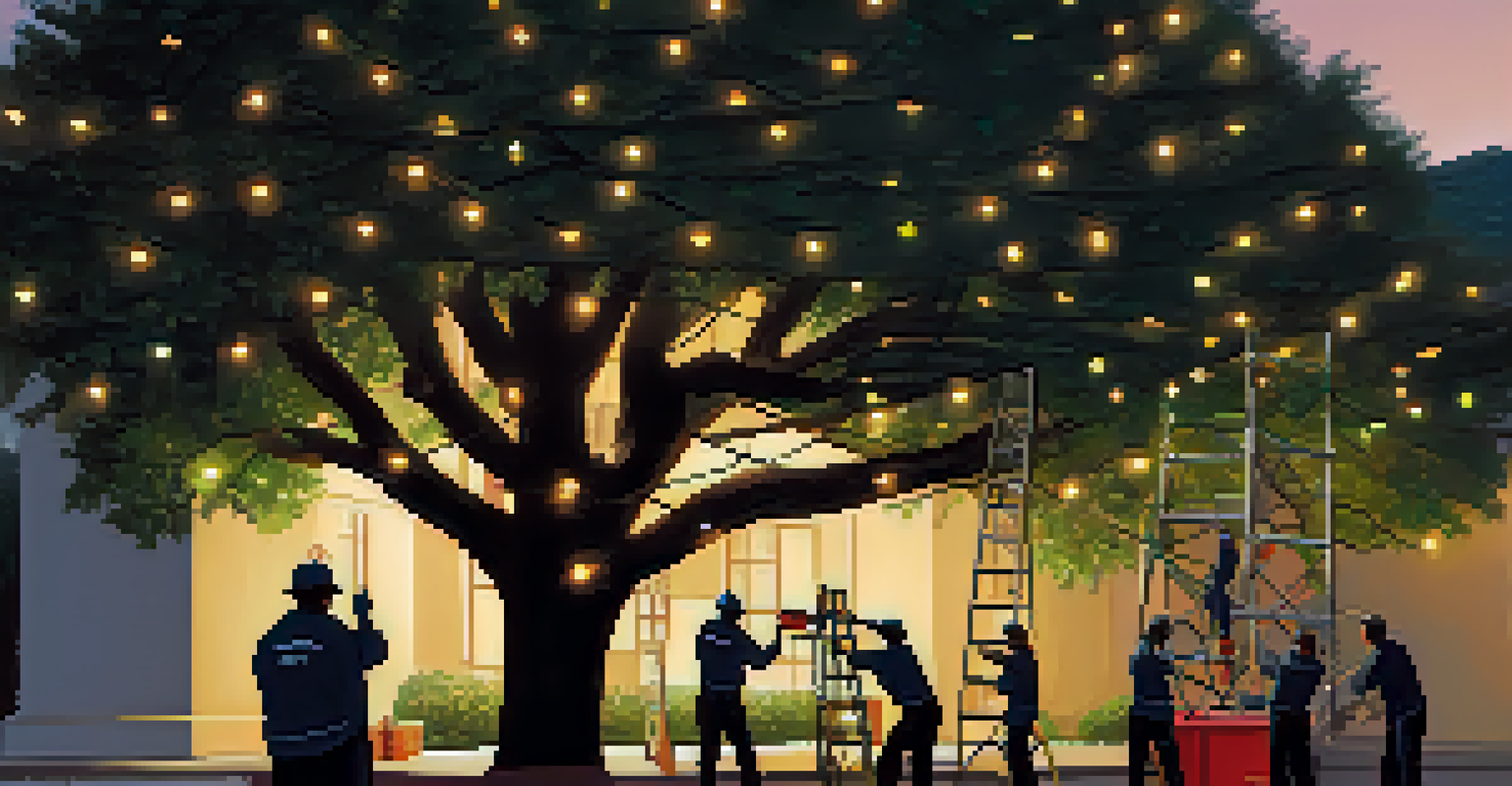 An installation team working together to string holiday lights on a large tree in Pasadena, showcasing teamwork and festive spirit.