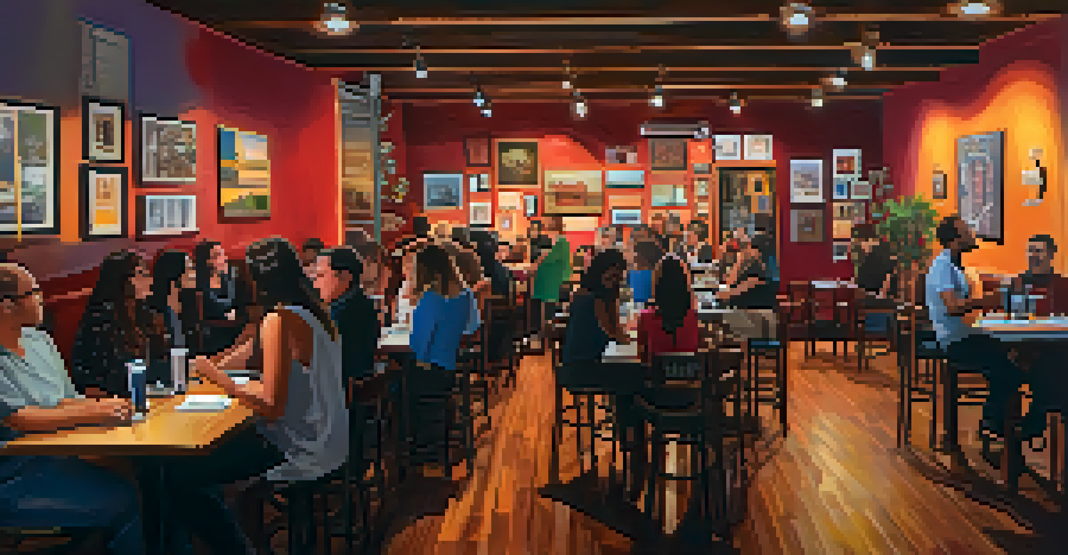 An open mic night at a café in Pasadena, featuring a poet on stage and an engaged audience enjoying the performance in a warm, artistic setting.