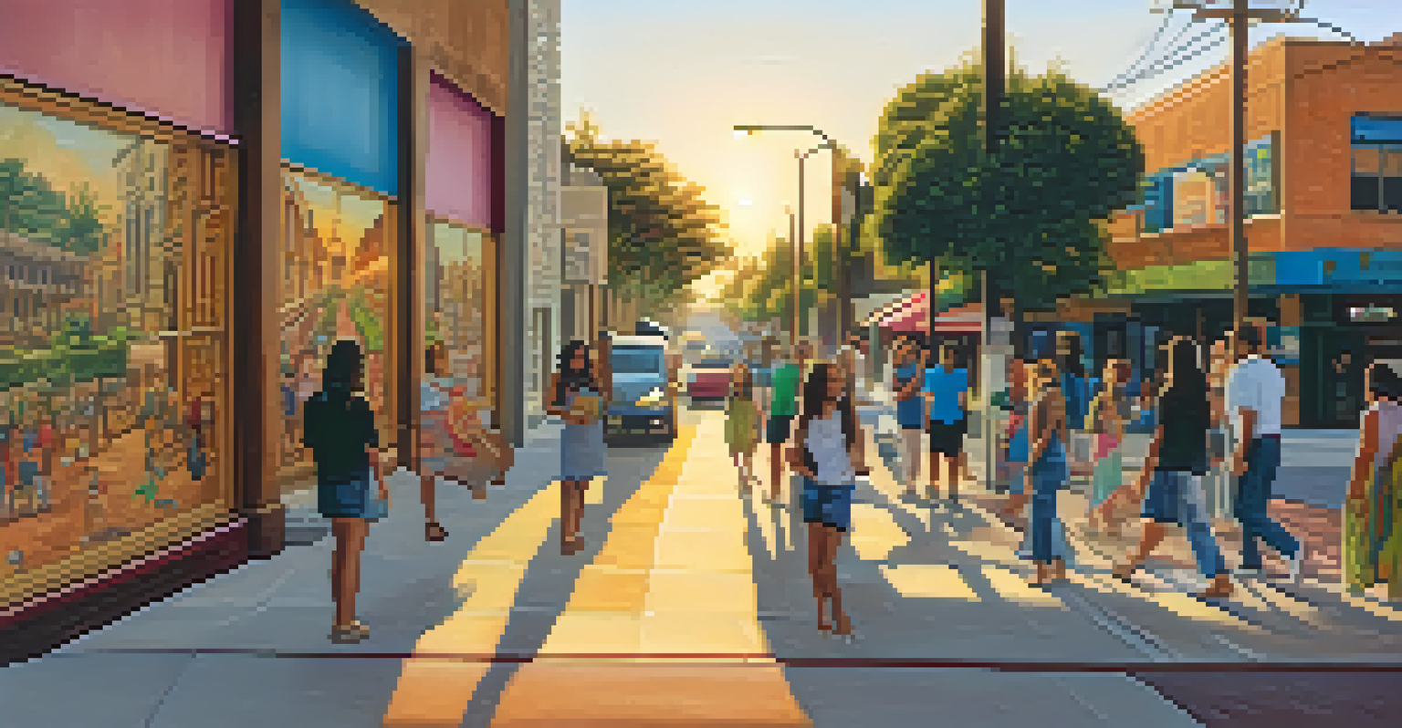 A vibrant street lined with murals, showcasing local culture and history, with pedestrians enjoying the art in warm sunset light.
