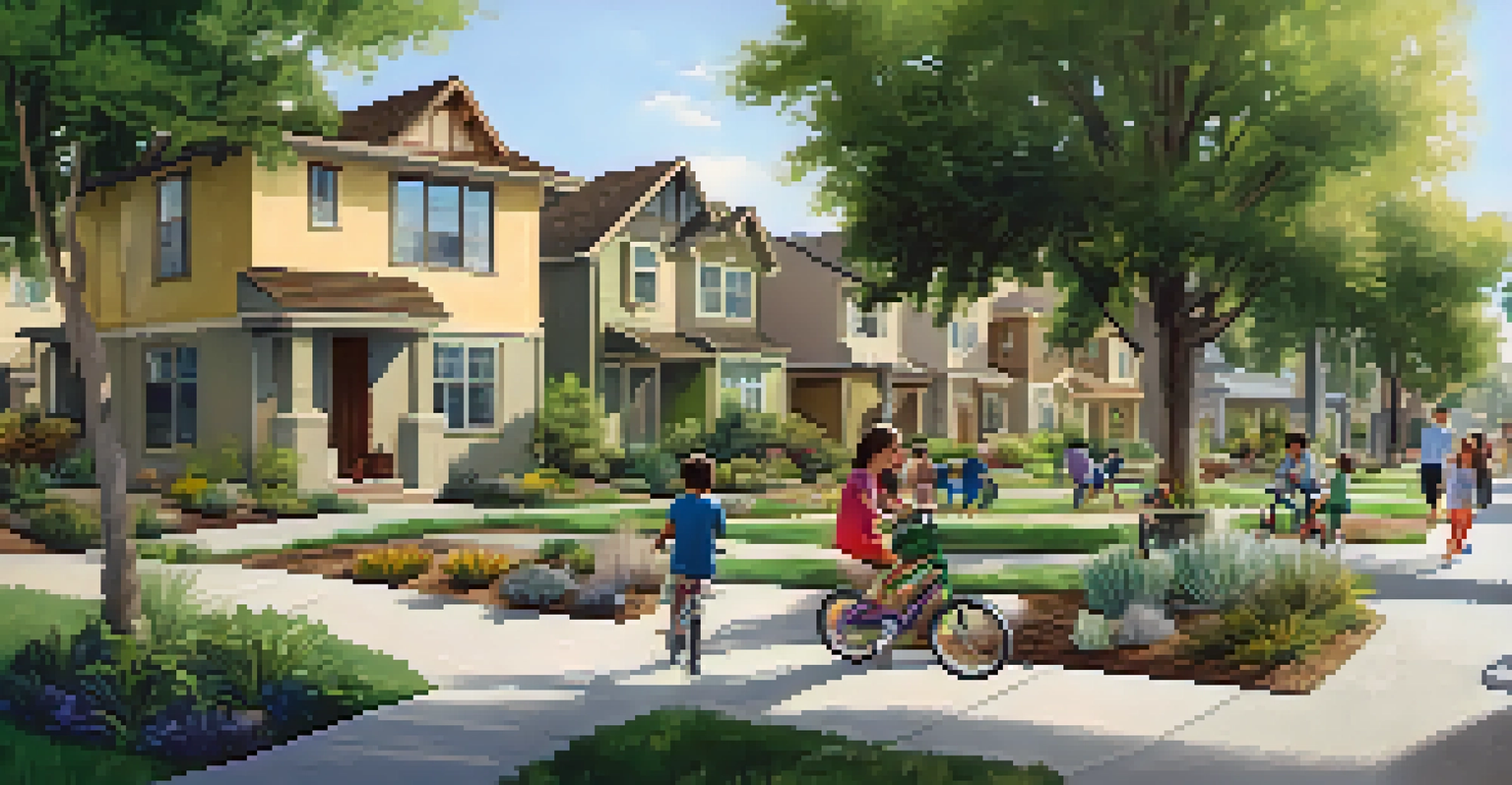 An urban neighborhood in Pasadena with eco-friendly homes and rainwater systems, featuring families and children enjoying the green spaces.