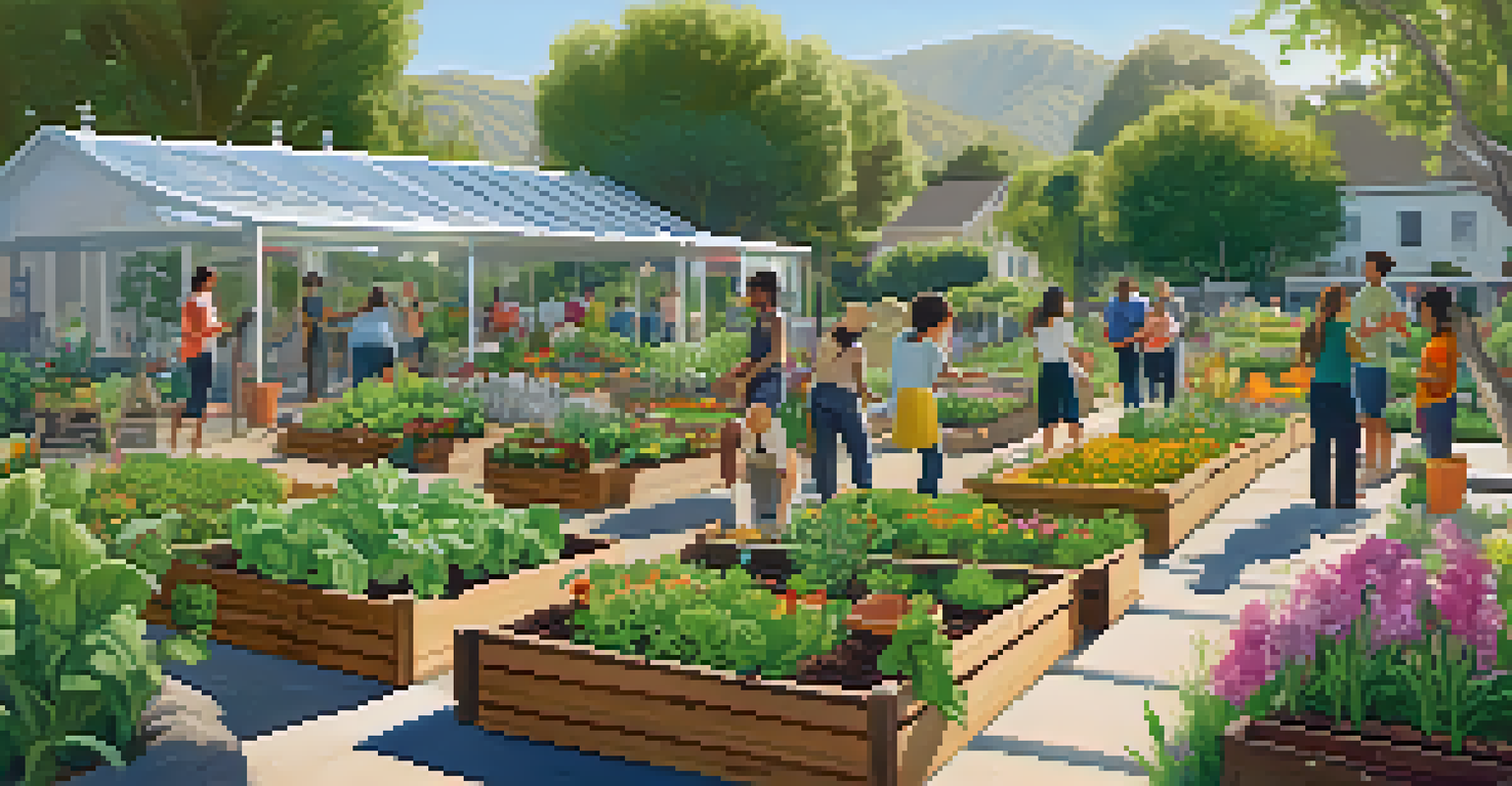Residents working together in a vibrant community garden, planting vegetables and flowers while sharing knowledge and laughter.