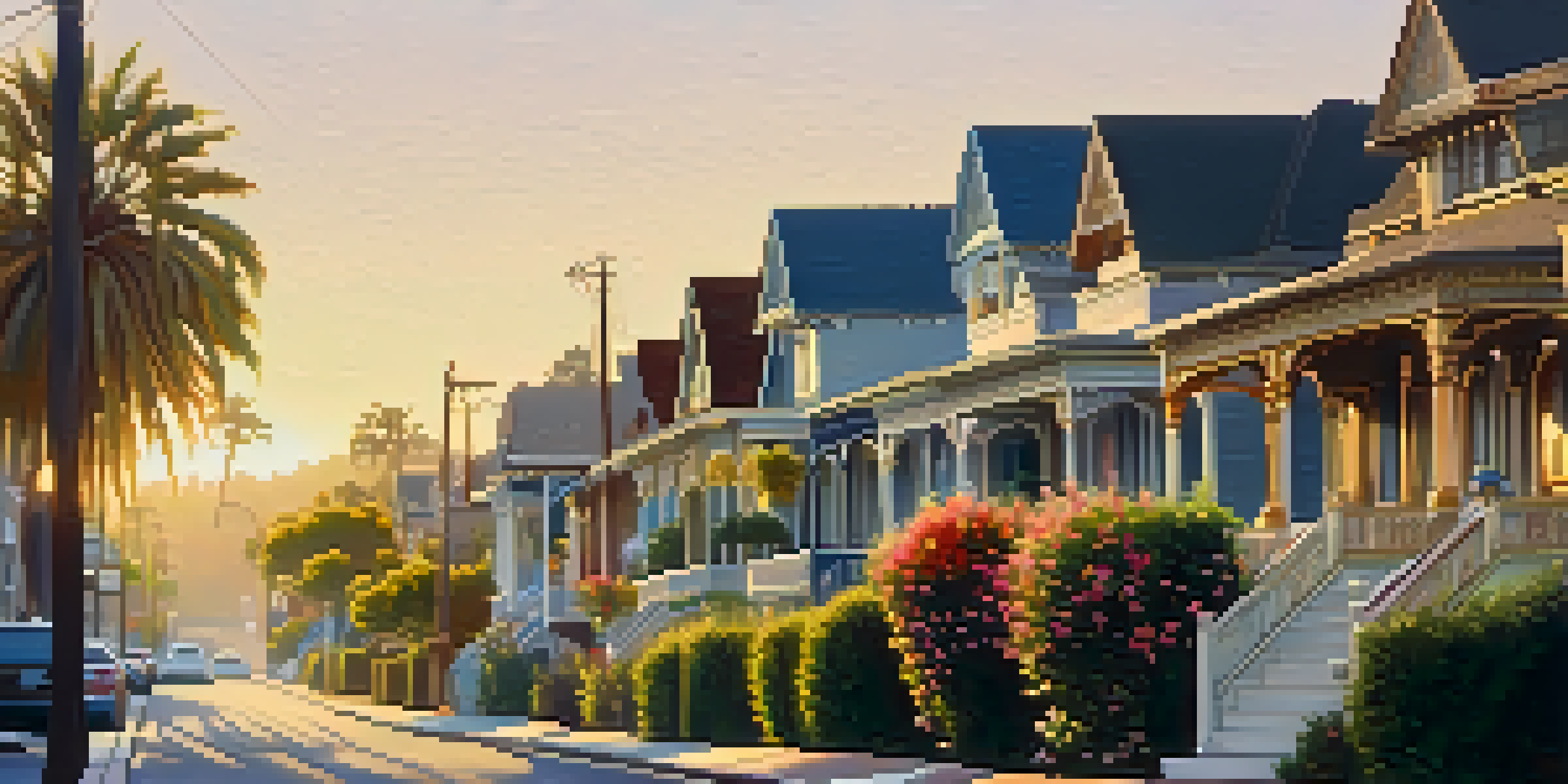 A scenic street in Pasadena featuring Victorian-style houses surrounded by vibrant flowers and gardens during sunset.