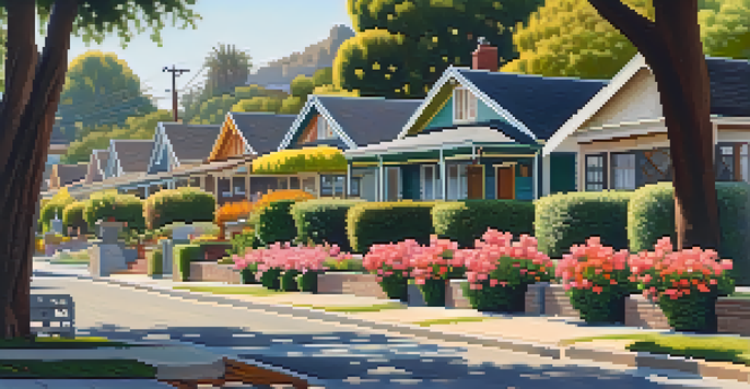 A scenic view of Craftsman-style bungalows on a sunny street in Pasadena, with beautiful gardens and trees providing shade.