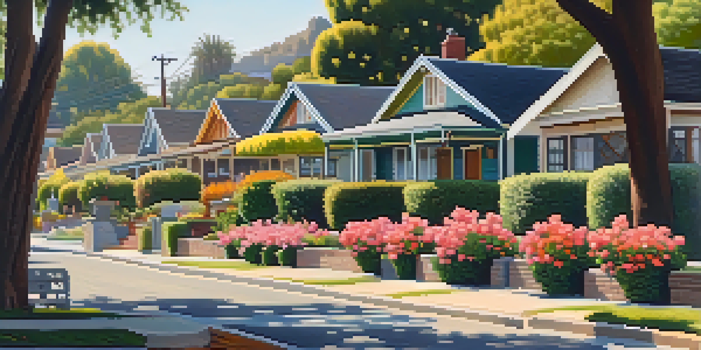 A scenic view of Craftsman-style bungalows on a sunny street in Pasadena, with beautiful gardens and trees providing shade.