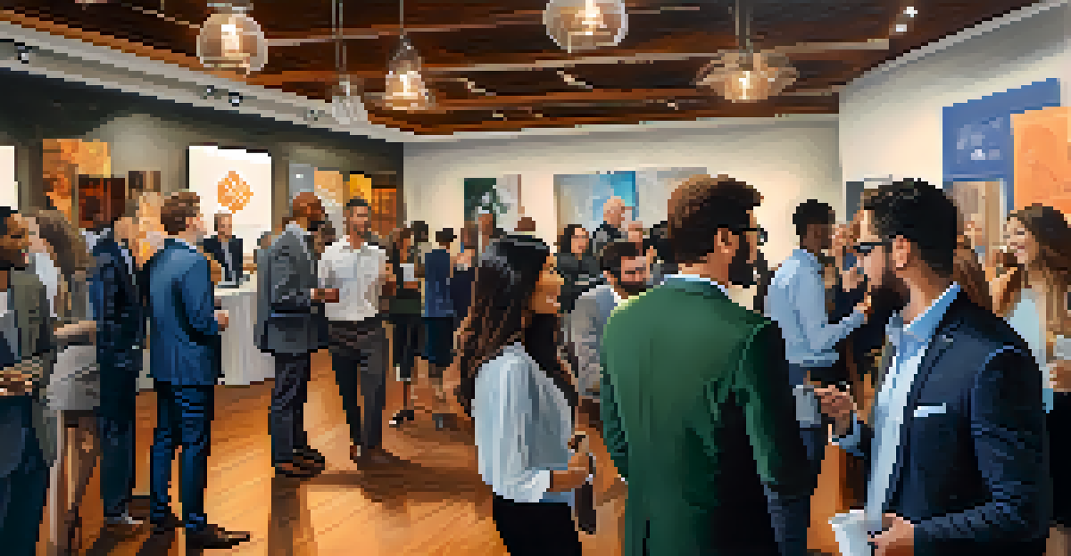 A networking event in Pasadena featuring diverse entrepreneurs and investors mingling and discussing ideas in a stylish venue.