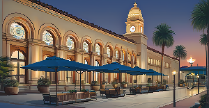 A historic train station in Pasadena, lit up at dusk with vintage lamps and palm trees in the foreground.