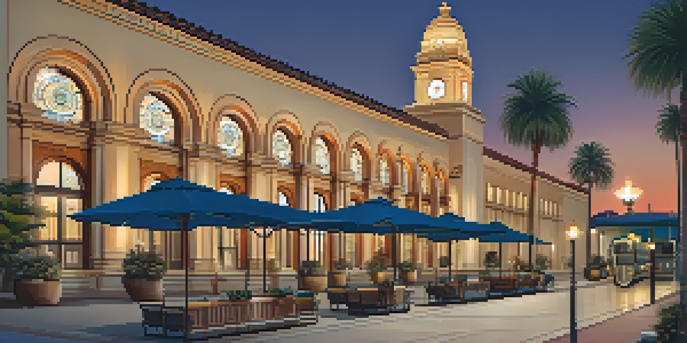A historic train station in Pasadena, lit up at dusk with vintage lamps and palm trees in the foreground.