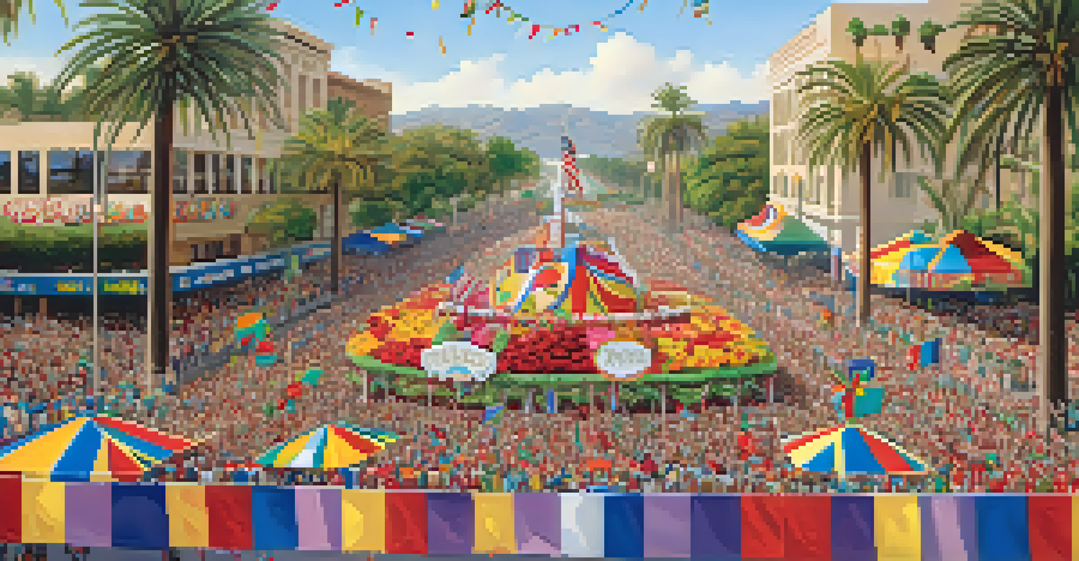 A panoramic view of the Rose Parade with decorated floats and enthusiastic crowds under a sunny sky.