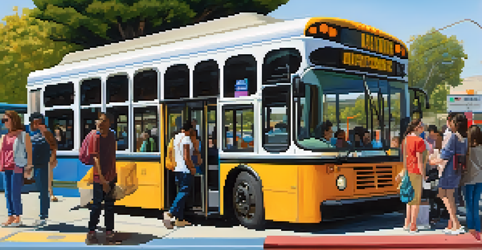 A busy bus stop in Pasadena with diverse passengers waiting, under a sunny sky and colorful signage.