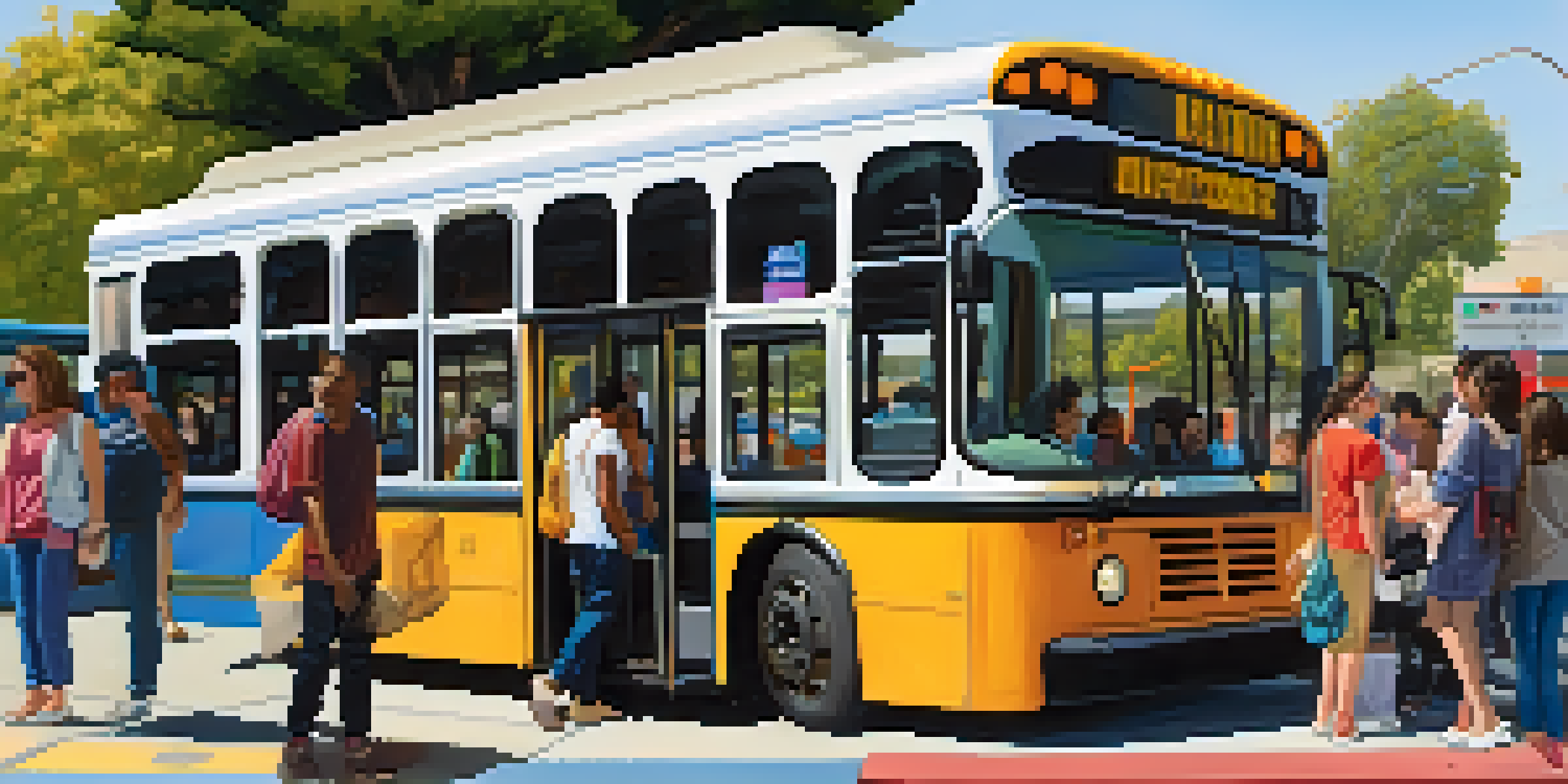 A busy bus stop in Pasadena with diverse passengers waiting, under a sunny sky and colorful signage.