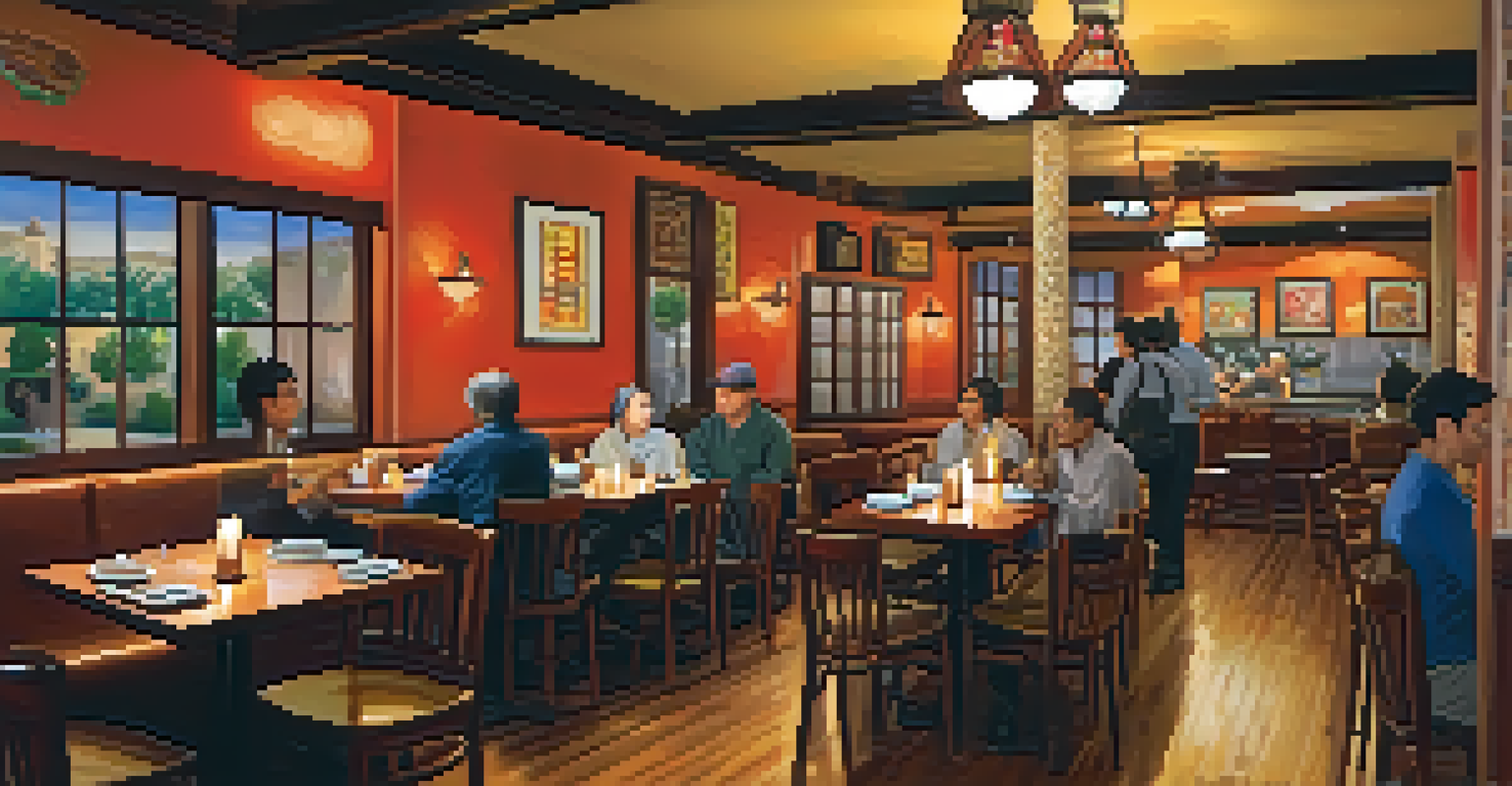 The interior of a cozy ethnic restaurant in Pasadena, showcasing diners sharing traditional dishes and chefs cooking in an open kitchen, with warm lighting.