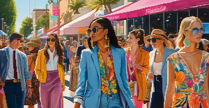 A lively street scene during Pasadena Fashion Week with attendees in diverse fashion styles and a colorful runway in the background.