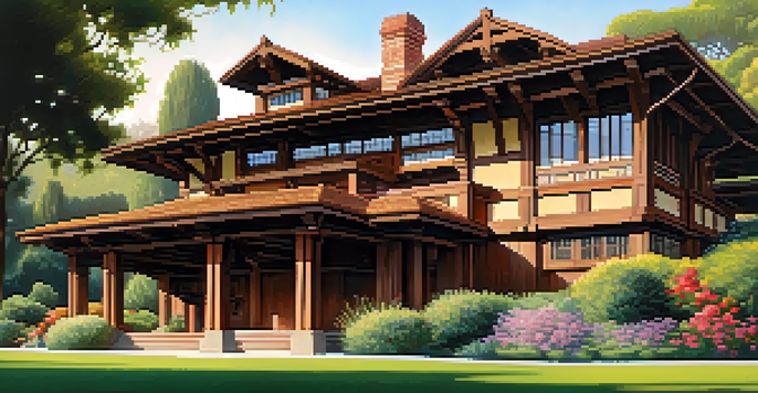 A detailed view of the Gamble House, emphasizing its wooden architecture and natural surroundings under warm sunlight.