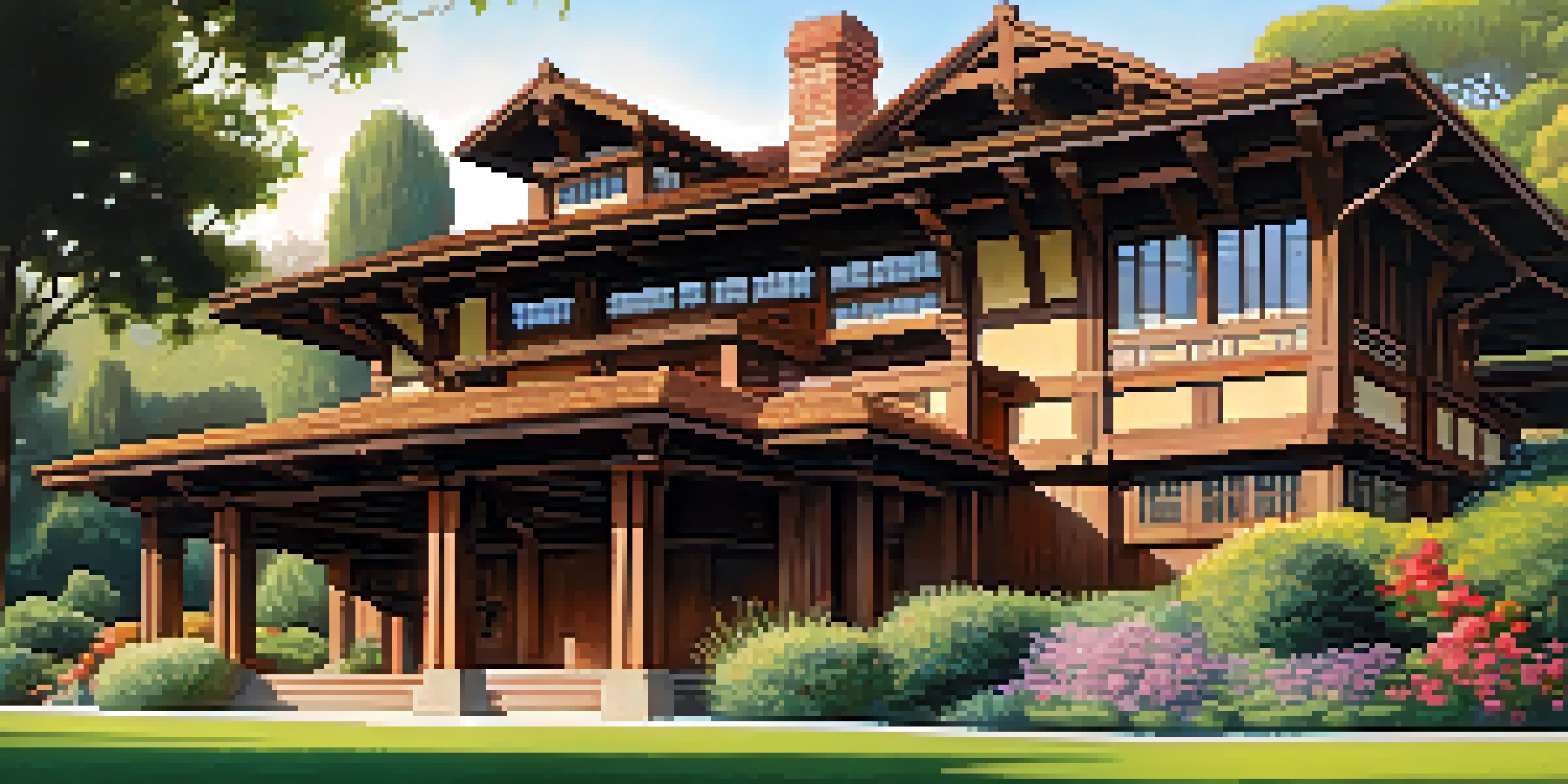 A detailed view of the Gamble House, emphasizing its wooden architecture and natural surroundings under warm sunlight.