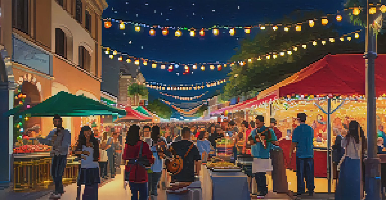 Local musicians performing at the Pasadena Festivals of Lights, with festive lights and a joyful crowd.