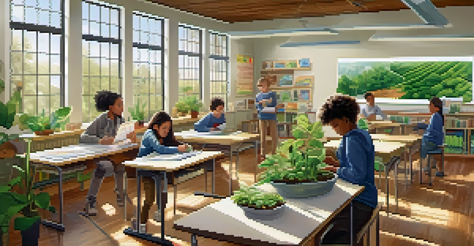 Students in a bright classroom engaged in a hands-on environmental science project surrounded by plants and sustainability posters.