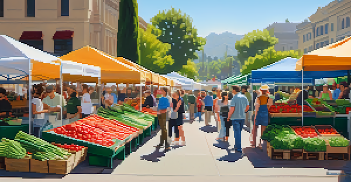A lively farmers' market filled with fresh fruits and vegetables, with shoppers engaging with farmers under a sunny sky.
