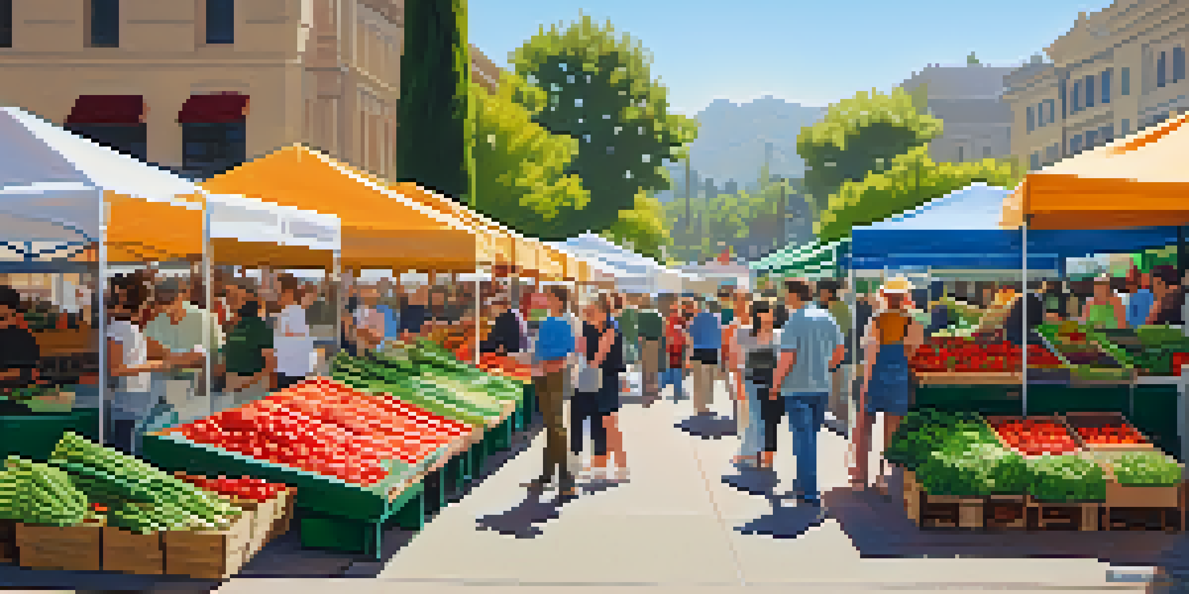 A lively farmers' market filled with fresh fruits and vegetables, with shoppers engaging with farmers under a sunny sky.