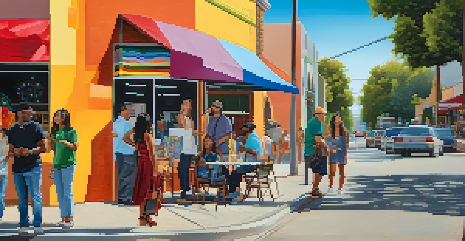 A lively Pasadena street scene with diverse individuals talking and colorful murals in the background.