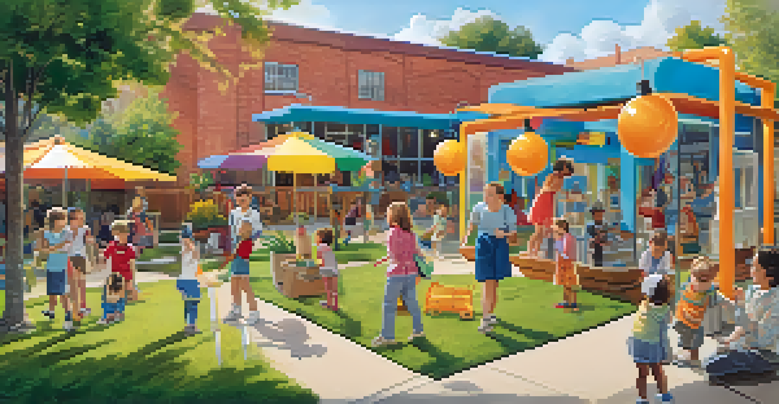 Children playing and learning at an interactive museum, surrounded by colorful exhibits and outdoor spaces, with parents observing happily.
